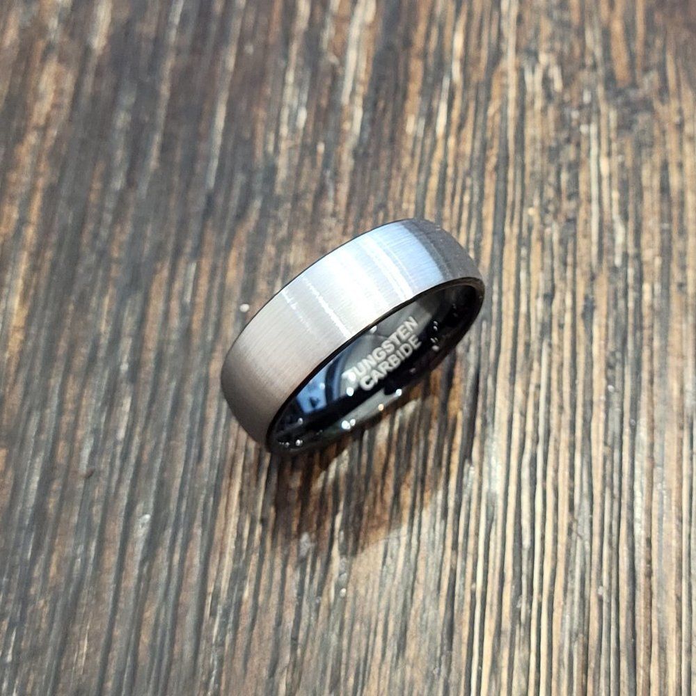 Men's Real Tungsten Ring Black and Brushed Steel Wedding Band Size 9-13